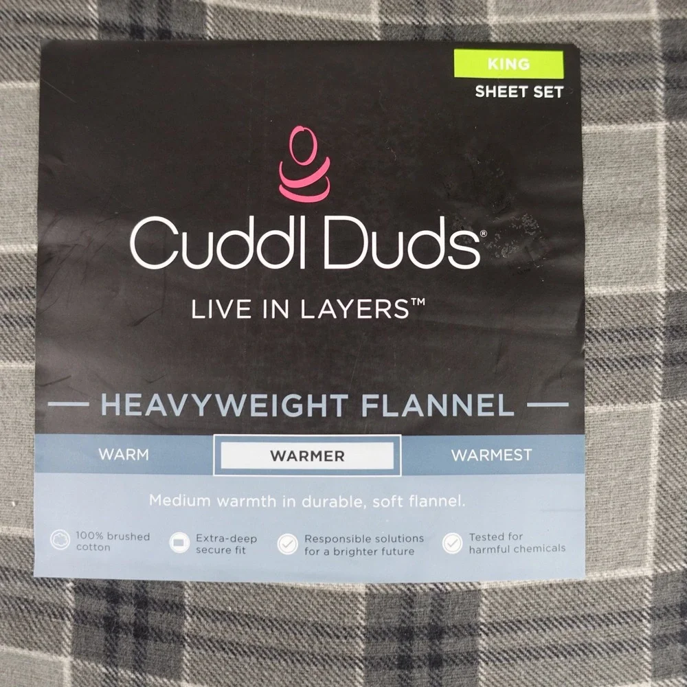 Cuddl Duds King Sheet Set Heavyweight Flannel Gray Plaid 100% Brushed Cotton NEW